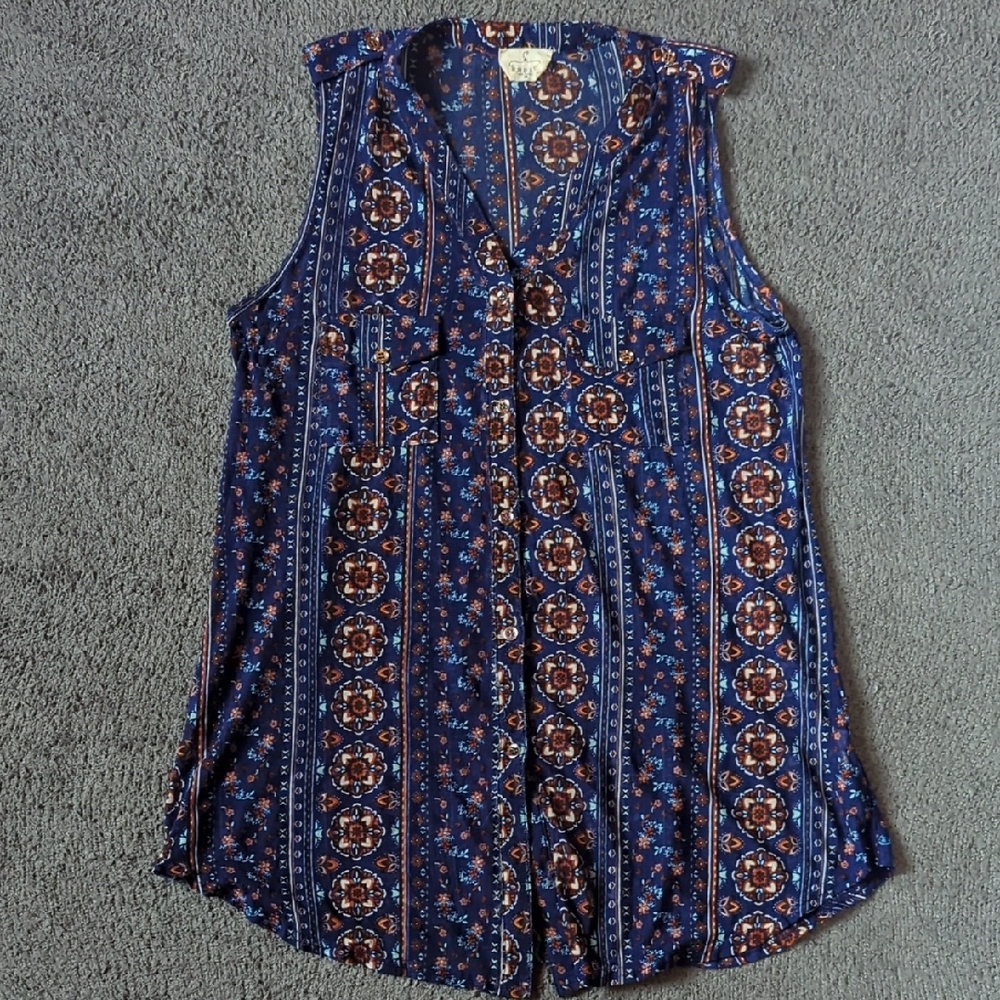 Bohemian Floral Sleeveless Blue Stretch Top